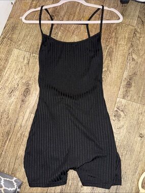 SHEIN Black Ribbed Spaghetti-Strap Romper